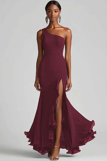 Black One Shoulder Mermaid Formal Dress with Slit